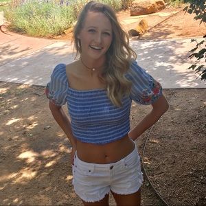 blue and white striped crop top